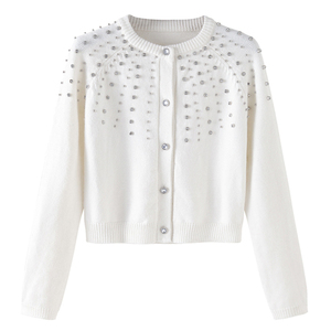 Cardigan tricoté tendance 2026 pour femme, col rond, manches longues, perlé, couleur unie, anti-boulochage, longueur standard - Product Image 1