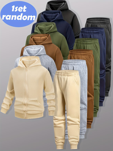 Customized Brand 2pcs Set Boys Outfit Long Sleeve Zip-Up Sweatshirt Joggers Autumn/Winter Solid Color Polyester/Cotton Casual - Product Image 4