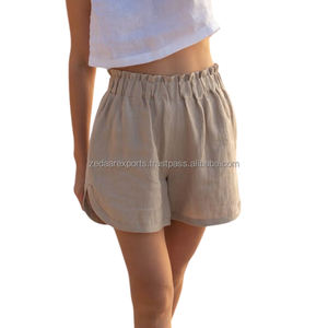 Pantalones cortos con cordón de lino y algodón de alta calidad para mujer, ropa informal transpirable de Color elegante, pantalones cortos tejidos con logotipo en la cintura - Product Image 5