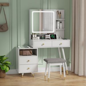 Coiffeuses FCH avec 4 tiroirs, étagère à 2 niveaux, miroir, pieds en bois massif, décoration en cuivre, panneau de particules rainuré, revêtement mélaminé - Product Image 1