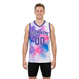 Ensemble d'uniformes de basket-ball imprimés en aquarelle pour hommes, maillot sans manches à col en V avec short uni, noms d'équipes et numéros de joueurs imprimés - Product Image 1