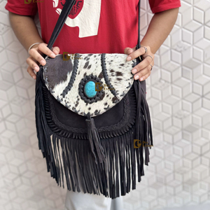 Bolso de Mano con Flecos de Cuero Vacuno Auténtico, Bolso Bandolera con Piedra Turquesa, Estilo Bohemio Gitano Vintage, Hecho a Mano, Nuevo Diseño, Multiusos, Elegante - Product Image 1