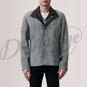 Veste safari en daim beige pour homme, véritable peau de mouton, multi-poches, ceinture, col montant avec boucle. - Product Image 1