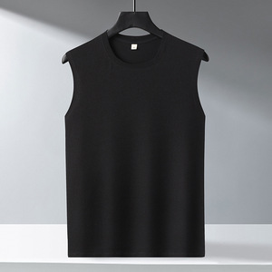 Camiseta sin mangas informal para hombre, cuello redondo, color sólido, tejido de algodón, cuello redondo, básica - Product Image 3