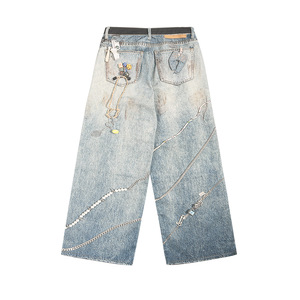 Pantalon large en jean délavé pour homme, taille haute, coupe ample, style streetwear patchwork, tissu en coton tissé pour l'été - Product Image 1