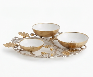 Plateau de service en métal avec 3 bols dorés martelés, motif feuille, décoration glamour, fait main, pour servir les aliments lors de fêtes - Product Image 5