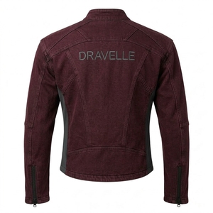 Chaqueta Bomber de Lona Vaquera Lavada Borgoña con Cremallera en las Mangas, Cuello Mandarín, Estilo Cafe Racer para Hombre - Product Image 2