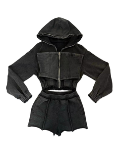 Custom 3 Piece Distressed Vintage Acid Washed Matching Crop Hoodie <b>Strapless</b> <b>Corset</b> and Shorts Set Women Summer Sets - Product Image 4