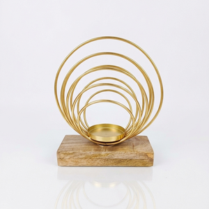 Chic Gold Metal Concentric Wire Ring <b>Tealight</b> <b>Candle</b> <b>Holder</b> Mounted On A Solid Natural Grain Wood Block Pedestal Accent Base - Product Image 2