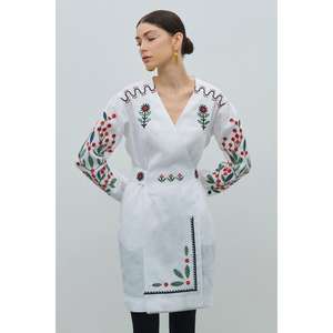 Wholesale <b>Women</b> <b>White</b> Embroidered Wrap Style Midi Kurti Dress Floral Ethnic Tunic with Long Sleeves Eco-Friendly Natural Waist - Product Image 2