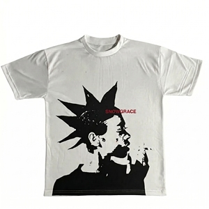 T-shirt blanc à manches courtes pour homme SNOWGRACE avec imprimé cheveux noirs effilochés, style streetwear, col rond, coupe classique, jersey de coton - Product Image 1