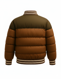<b>Mens</b> Brown Hooded Color Block Varsity Puffer <b>Jacket</b> Winter Quilted Waterproof Breathable Eco-Friendly Zip Front Custom OEM ODM - Product Image 3