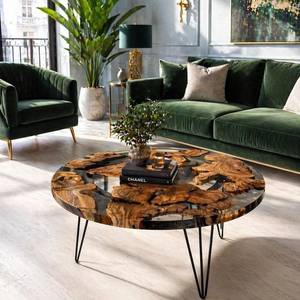 Mesa de Centro de Madera de Olivo Natural con Resina Epoxi, Mesa de Centro Artesanal con Borde Natural, Mueble de Decoración Rústico Moderno de Lujo - Product Image 5