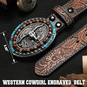 Cinturón de Cuero Genuino Estilo Western con Hebilla de Calavera de Acero, Incrustaciones de Turquesa, Color Marrón Cognac, Estilo Casual, Resistente e Impermeable - Product Image 5