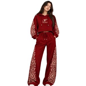 Deep <b>Red</b> Womens Paisley Print Cropped <b>Hoodie</b> Wide Leg Pants Two Piece Tracksuit Casual Streetwear Loose Fit Jogger Outfit Set - Product Image 1