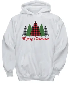 Sweat-shirt à capuche pour homme en coton polaire blanc, motif arbre de Noël à carreaux, décontracté, pour l'hiver, avec poche avant et design imprimé - Product Image 1