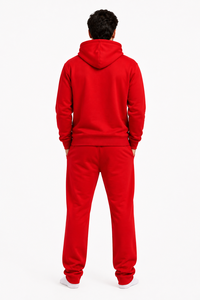 Ensemble de survêtement rouge pour homme, sweat à capuche zippé et pantalon de jogging en molleton uni, personnalisable avec logo ODM sur le devant, vêtements de sport décontractés pour l'hiver, coupe classique 350g - Product Image 5
