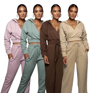 Caliente Otoño Invierno nuevo cuello en V 2 piezas Conjunto de sudadera pulóver Crop Top Sudadera con capucha conjunto de chándales de mujer 2026 - Product Image 1