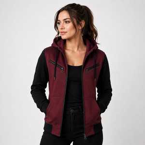 Sweat-shirt à capuche zippé pour homme, couleur bordeaux et noir, coupe classique, décontracté, automne, en molleton French Terry - Product Image 3