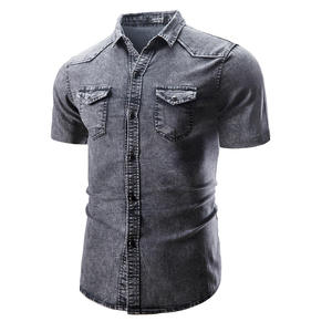 Chemises en jean à manches courtes pour hommes, 100 % coton sergé, tissu respirant, vêtements décontractés d'été, vêtements de sport, lavage personnalisé, chemises en jean pour hommes - Product Image 5