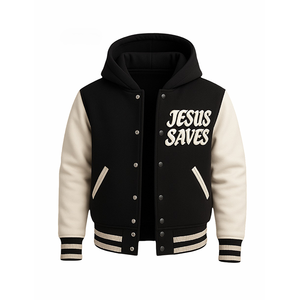 Blouson universitaire imperméable et écologique pour homme, style baseball, noir et beige, avec capuche, personnalisable, thème JESUS SAVES, style Letterman, motif religieux sur le devant - Product Image 2