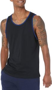 Men's Solid Color Knitted Sleeveless Tank Top O-Neck Casual Muscle <b>Vest</b> Blue Trim Black - Product Image 6