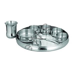 Vente en gros de 9/7pcs Ensemble Thali en acier à paroi unique martelé Kit économique avec tasse souveraine en métal poli miroir argenté - Product Image 1