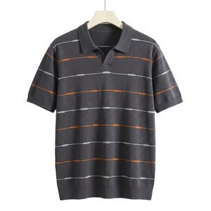 LVLAEA เสื้อโปโลคอวีลายทางสำหรับผู้ชายฤดูใบไม้ผลิฤดูร้อนแขนสั้นป้องกันขนร่วงป้องกันการหดตัวระบายอากาศได้ดีชุดลำลองสบายๆ - Product Image 6