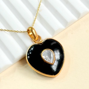 Natural Black Onyx Heart Pendant Wholesale Bulk 925 Sterling <b>Silver</b> Gold Plated Double Stone Inlay Gemstone Charm Jewelry Making - Product Image 4