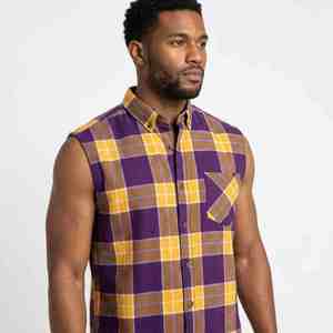 Camisa de Franela a Cuadros para Hombre, Holgada, sin Mangas, con Botones, Estilo Casual, en Morado y Amarillo, con Bolsillos - Product Image 3
