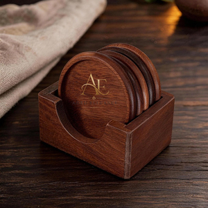 Ensemble de sous-verres en bois avec support, sous-verres ronds en bois massif, sous-verres pour tasses à café, accessoires de table décoratifs et de vaisselle modernes - Product Image 1