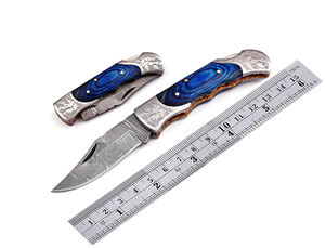 Couteau de poche pliant portable en acier inoxydable avec manche en bois, couteau de survie Damas pour le camping en extérieur, personnalisation OEM prise en charge - Product Image 5