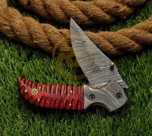 Cuchillo Plegable de Acero de Damasco Hecho a Mano con Mango de Madera, Cuchillo de Bolsillo para Camping al Aire Libre, Hoja OEM de Punta Caída de 7 Pulgadas de Largo Total - Product Image 2