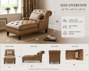 Chaise longue capitonnée en cuir avec accoudoirs roulés, canapé-lit classique en cuir marron pour salon, chambre, hôtel, mobilier de salon - Product Image 2