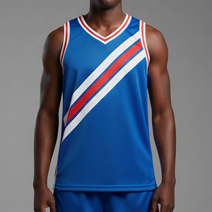Custom Sublimated Men's Basketball Jersey Sleeveless Blue <b>Red</b> White Striped <b>Mesh</b> Breathable Regular Fit V-Neck Tank <b>Top</b> - Product Image 4