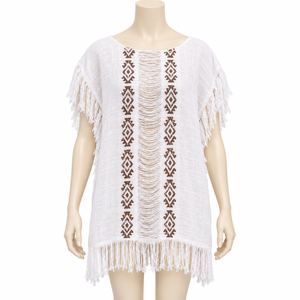 Geometric Embroidery Fringe Breathable 100% Cotton Women's Loose Kimono Sleeve <b>Top</b> Wide Neck Casual Summer Beach Vacation Outfit - Product Image 1