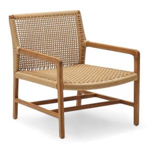 Fauteuil de salon moderne en teck, dossier en rotin tressé à la main, structure en bois massif, design scandinave, fauteuil de détente - Product Image 3