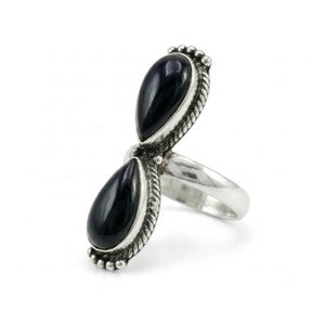 Bague ajustable vintage bohème en argent plaqué antique avec double pierre précieuse en forme de goutte pour femme - Product Image 3