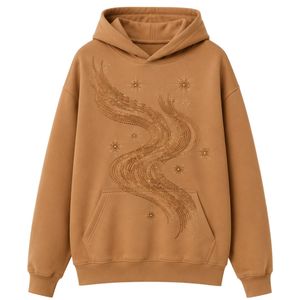 Sudadera con Capucha Extra Grande para Mujer, Diseño de Ondas con Pedrería Color Camel, Felpa Premium, Estilo Casual Urbano - Product Image 1