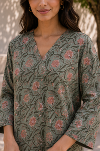 Kurti vert à imprimé floral pour femme, col en V, manches trois quarts, coupe droite, tunique longue ethnique, tenue décontractée traditionnelle pour tous les jours - Product Image 2