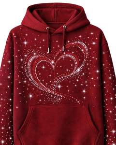 เสื้อฮู้ดดี้สีแดงประดับเพชรรูปหัวใจ ทรงโอเวอร์ไซส์ ผ้าฟลีซหนานุ่ม มีกระเป๋าจิงโจ้ ผลิตเสื้อผ้าสตรีทแวร์ตามสั่งสำหรับผู้ชาย - Product Image 1