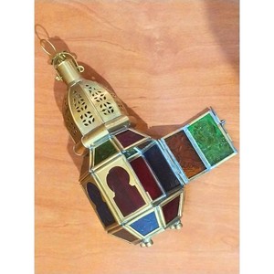 Luxurious Hexagon <b>Brass</b> <b>Lantern</b> With Colored Glass Panels For Home Decoration Durable Finish - Product Image 4