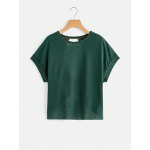 Camiseta de Punto Holgada para Mujer, Color Verde Oscuro, Espalda Cruzada, Manga Corta, Diseño Asimétrico, para Primavera/Verano, Gimnasio - Product Image 2