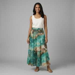 Women's Boho Woven Printed Tiered A-Line Maxi <b>Skirt</b> with <b>Elastic</b> Waist Casual Summer Cotton Blend <b>Skirt</b> - Product Image 6