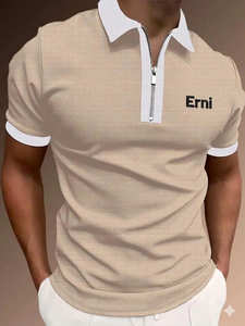 Polo à col zippé noir pour homme, avec bordure blanche contrastante, manches courtes, décontracté, pour le golf, logo personnalisé - Product Image 2