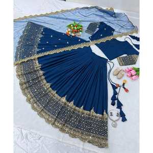 DESIGNER GEORGETTE BRODERIE SEQUENCE TRAVAIL LEHENGA CHOLI AVEC DUPATTA BLEU MARINE - Product Image 1