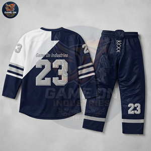 Navy Blue and White Pro Style Team Uniform With Embroidered Numbers & Texture Fabric Custom Ice Hockey Jersey and Pants Sets - Product Image 2