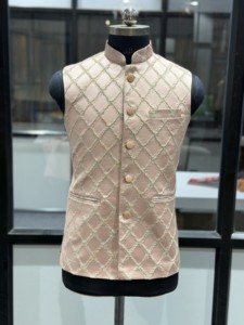 Luxury Mens Summer Embroidered Wool/Silk Nehru <b>Jacket</b> Koti Indian Pakistani Wedding Waistcoat Designer Ethnic Moda Sherwani - Product Image 6