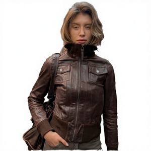 WARPRO INDUSTRY <b>Women's</b> <b>Brown</b> PU <b>Leather</b> Motorcycle <b>Jacket</b> Full Sleeve Zipper Closure Mandarin Collar Regular Length Solid Color - Product Image 1