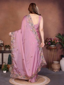 Luxury Indian Embroidery Work Silk Organza Saree With Blouse Piece For Womens For Party Wear Wedding in Bollywood Style - Product Image 4